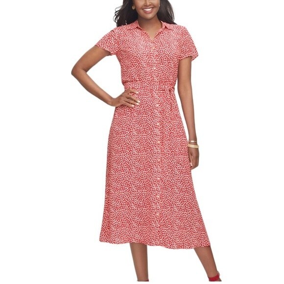 Talbots Leopard Tie-Waist Button Front Midi Shirt Dress 3/4 Sleeve Viscose Coral - Picture 16 of 16